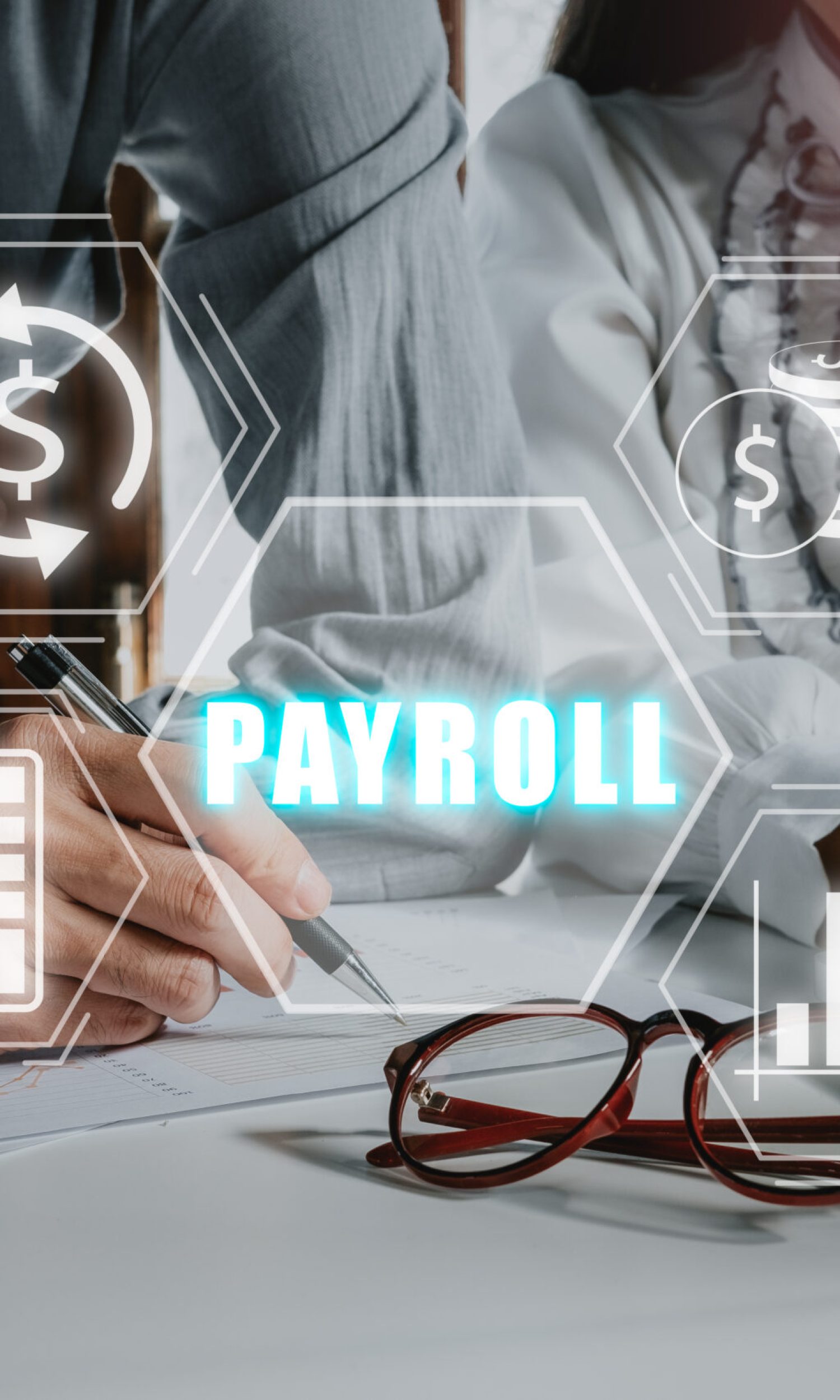 Payroll business finance concept, Business team analyzing financial data with Payroll icon on VR screen, Financial, accounting.